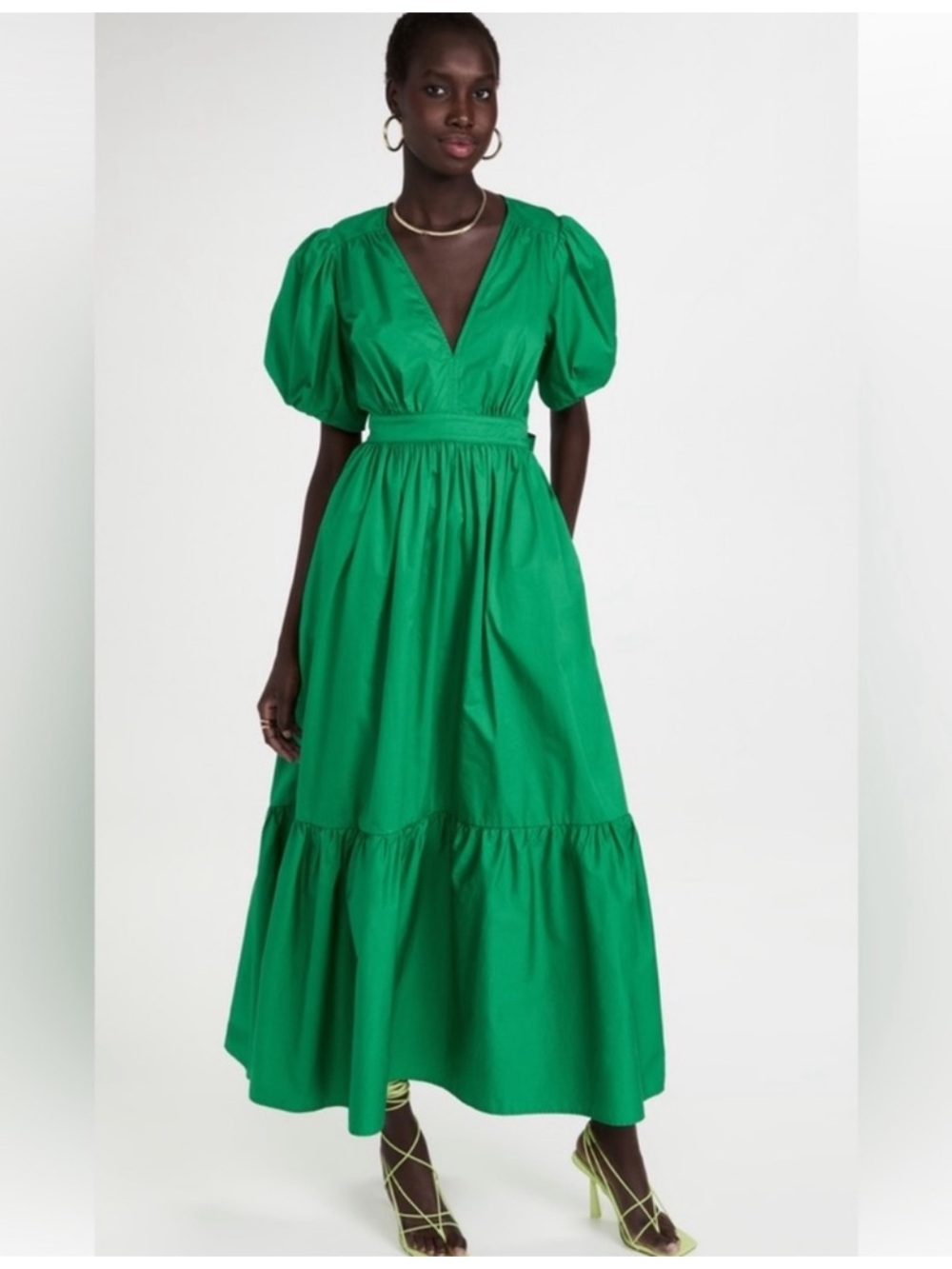 XiRENA Larkyn Dress Green Cotton Puff Sleeve V-Neck Tiered Maxi Size S
